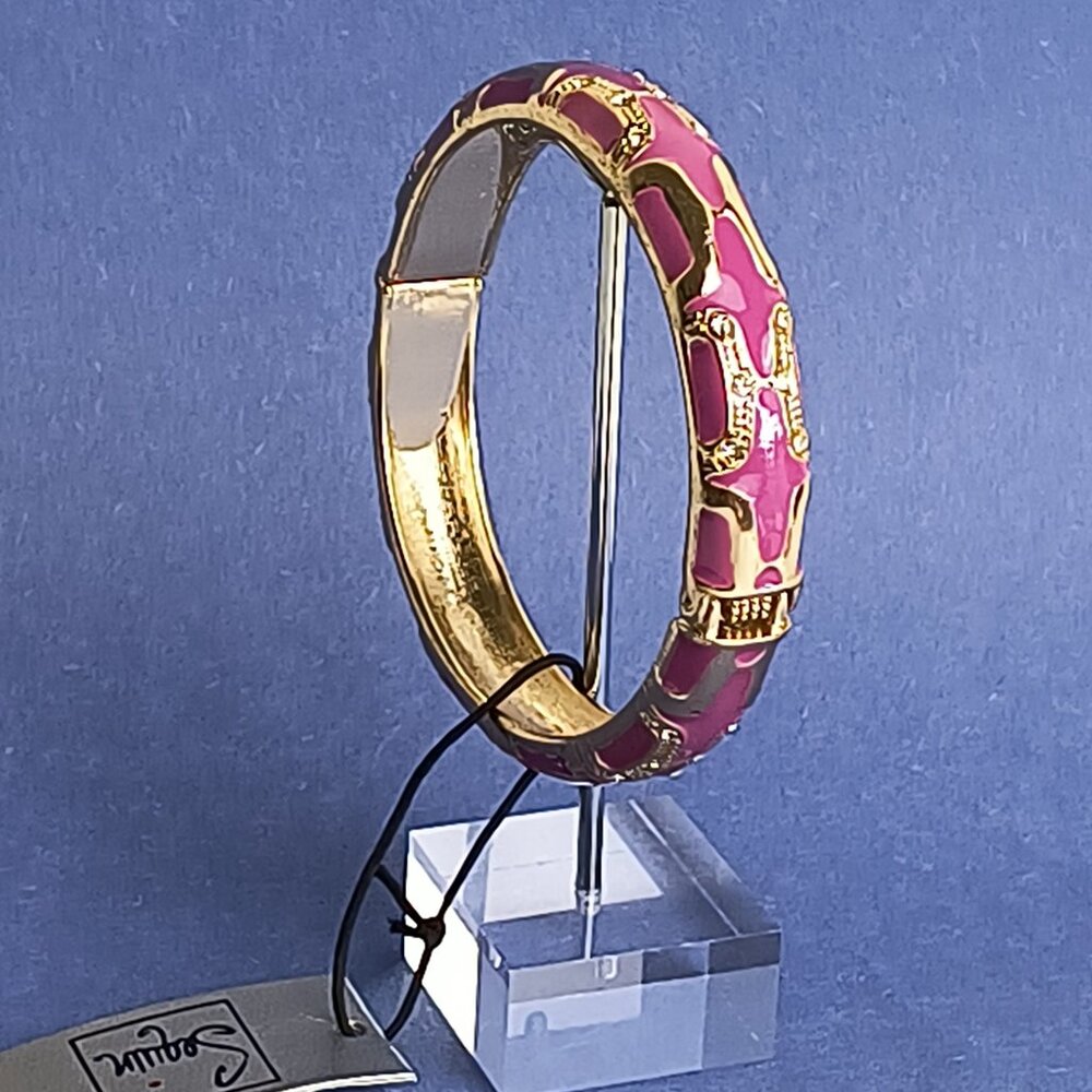 H Pattern Rhinestone Enamel Hinge Bangle Clamper Bracelet Gold Tone